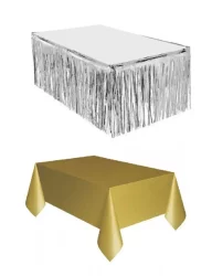 Gümüş Metalize Masa Eteği + Plastik Gold Masa Örtüsü